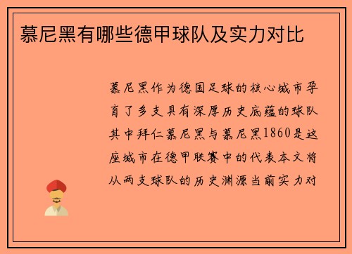 慕尼黑有哪些德甲球队及实力对比