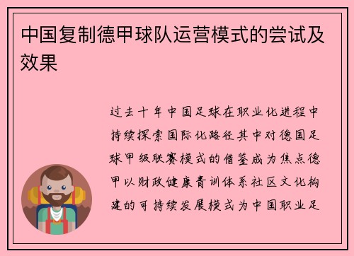 中国复制德甲球队运营模式的尝试及效果